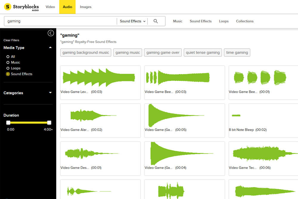 Viele Gaming-Sounds im Überblick auf Audioblocks.com.