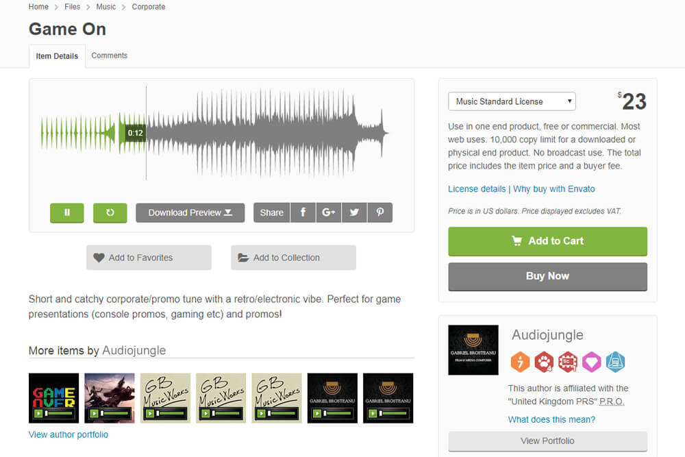 Audiojungle bietet bei Sounds und Songs eine große Wave-Form als Anhaltspunkt.