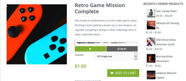 Ein Beispiel eines lizenzfreien Gaming-Soundeffekts auf Stockmusic.media