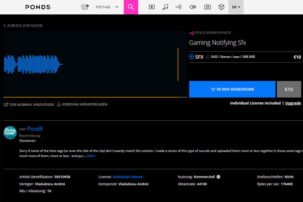 Hier ein relativ kostspieliges Exempel eines Gaming-Soundeffekts von Pond5.