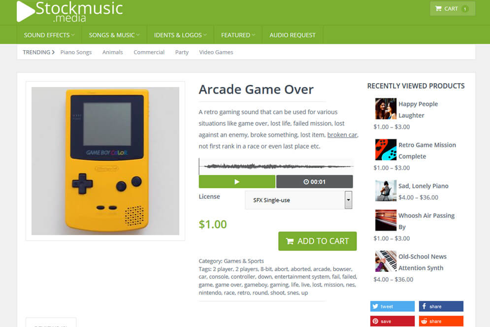 Beispiel eines lizenzfreien Gaming-Soundeffekts auf Stockmusic.media.